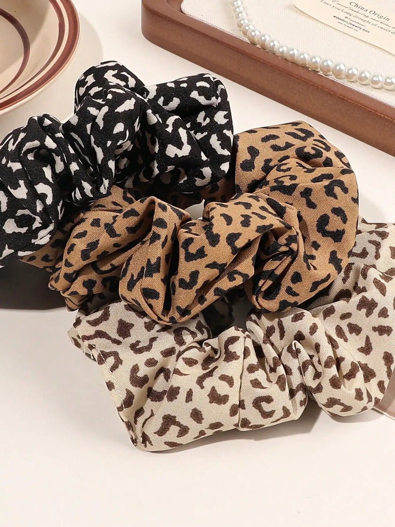 Leopard Velvet & Satin Scrunchies Set — Soft Hair Ties for Women, Multi-Pack