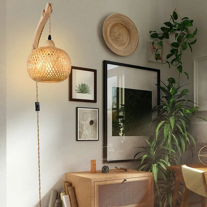 Woven Bamboo Rattan Wall Lamp with Wood Bracket