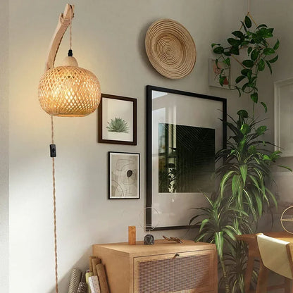 Woven Bamboo Rattan Wall Lamp with Wood Bracket