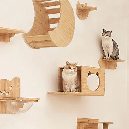 Wall-Mounted Wooden Cat Shelves Lookout Climbing Perch Set
