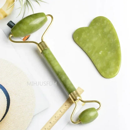 Natural Jade Facial Roller and Gua Sha Massage Set