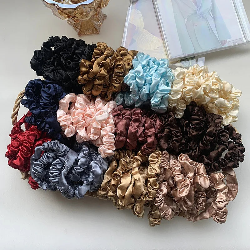Silk Satin Mini Scrunchies Set of 3 — Pleated Solid-Color Hair Ties for Women