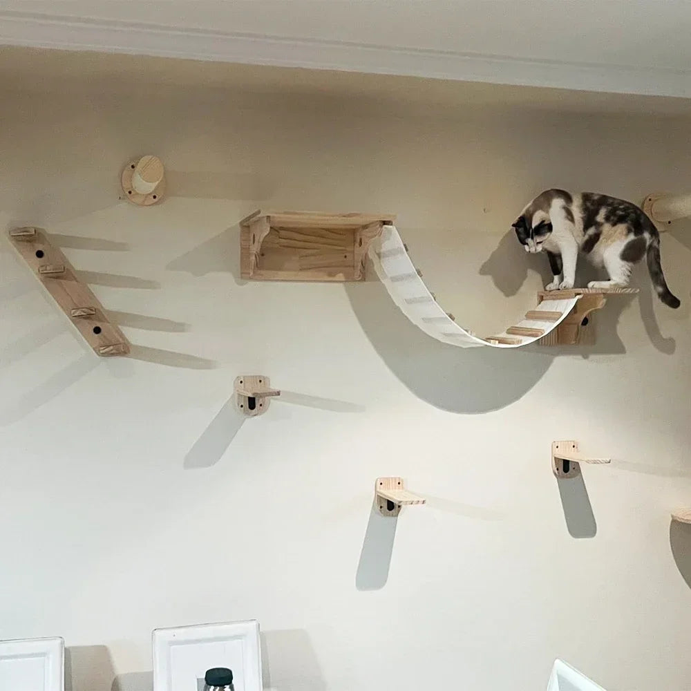 Wall Mounted Cat Climbing Shelves, Wood Bridge and Hammock Set
