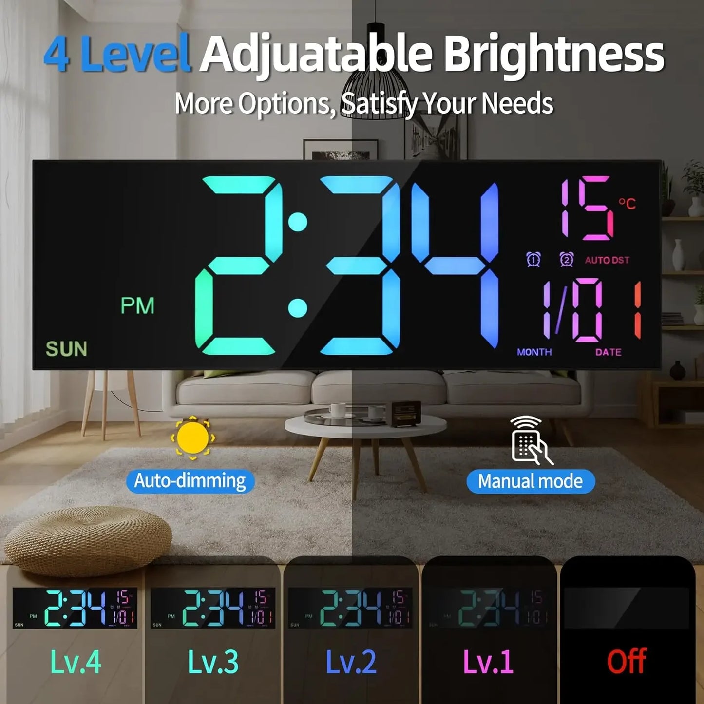 Large Digital Wall Clock With Remote and Color LED Display