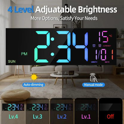 Large Digital Wall Clock With Remote and Color LED Display