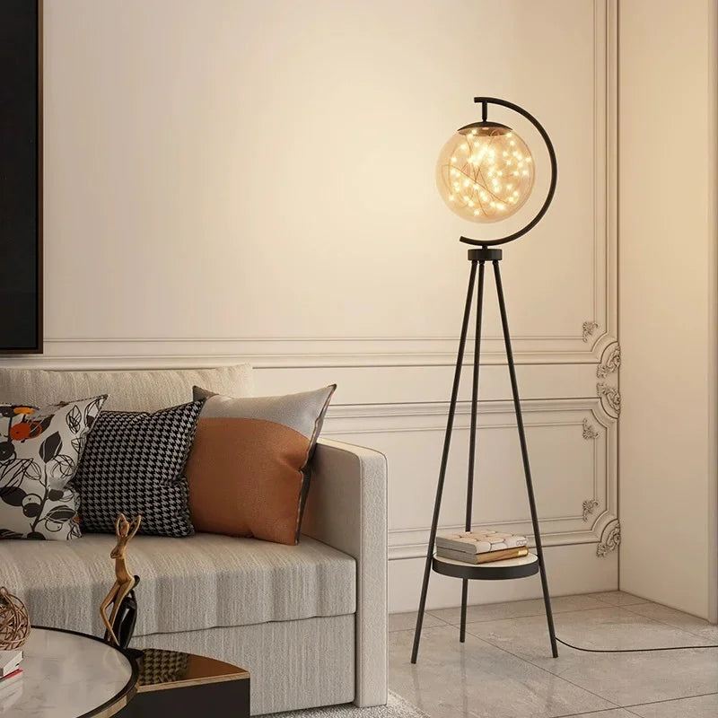 Gold Tripod Floor Lamp with Starry Glass Globe and Tray
