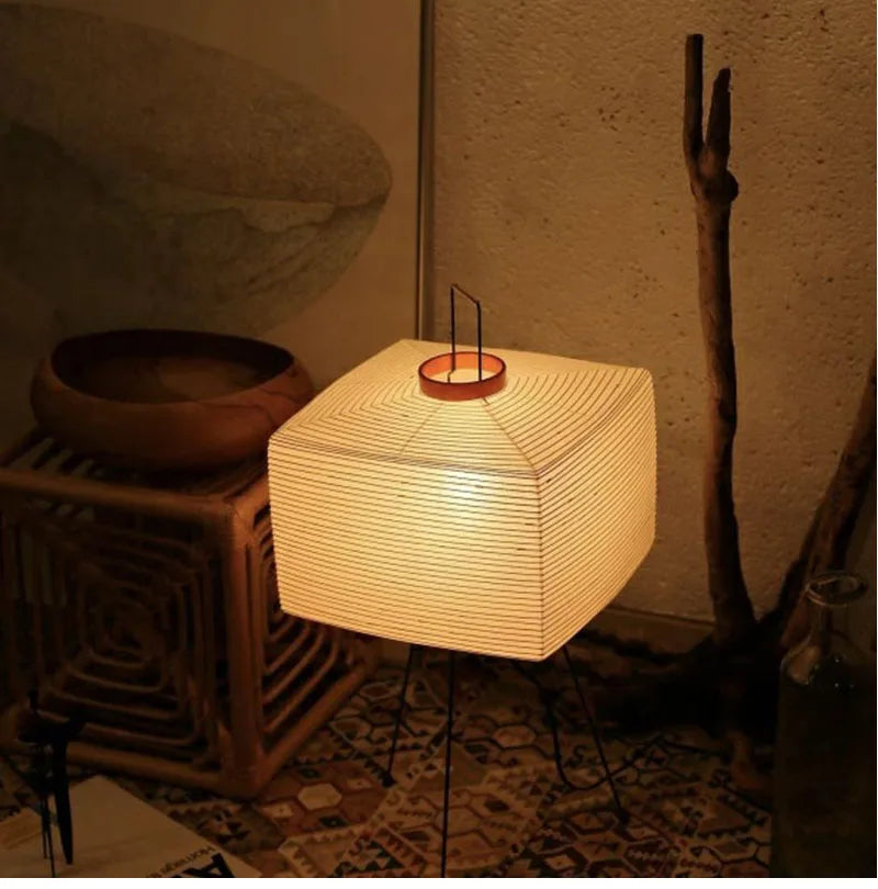 Wabi-Sabi Rice Paper Tripod Floor Lamp for Bedroom