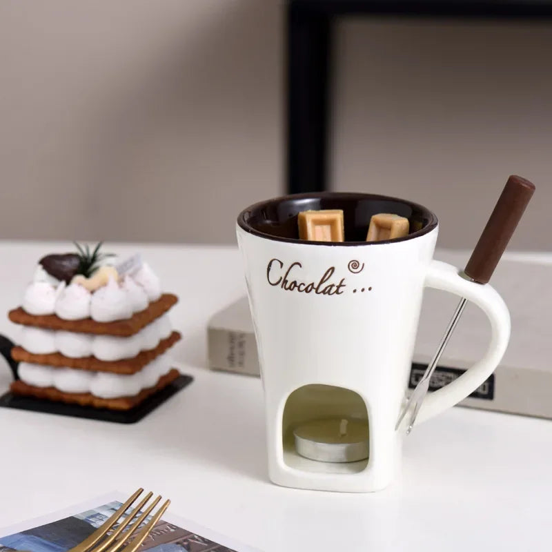 Ceramic Melting Mug with Fork & Tea Light, 130ml Fondue Cup
