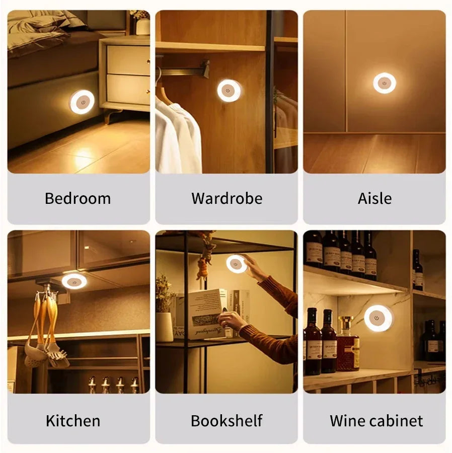 Round Rechargeable LED Night Light — Touch Switch Wall Sconce Lamp for Bedroom & Hallway