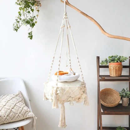Hand-Woven Hanging Cat Hammock Cotton Rope Macrame Bed