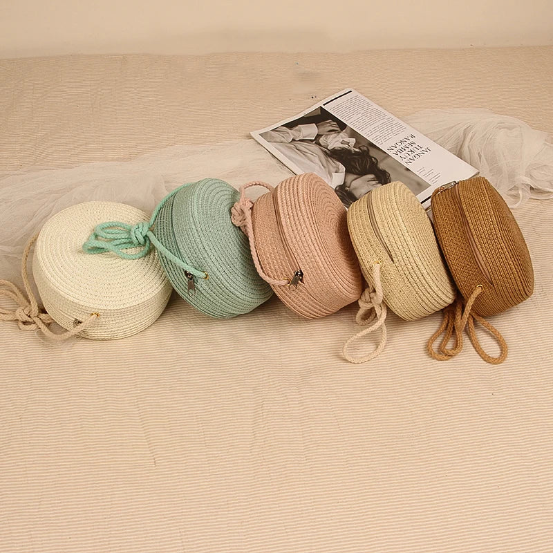 Round Woven Straw Travel Bag — Handmade Rattan Shoulder Bag for Women