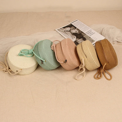Round Woven Straw Travel Bag — Handmade Rattan Shoulder Bag for Women
