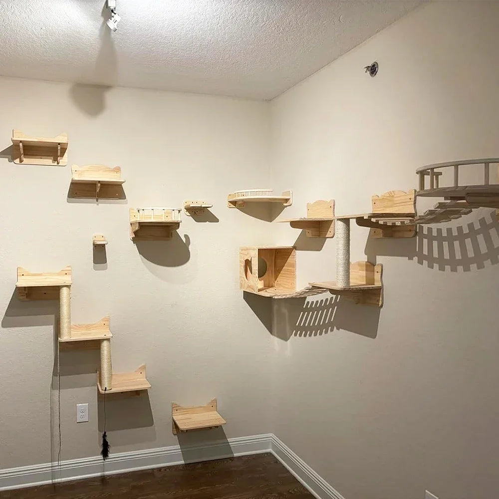 Wall Mounted Cat Climbing Shelves, Wood Bridge and Hammock Set
