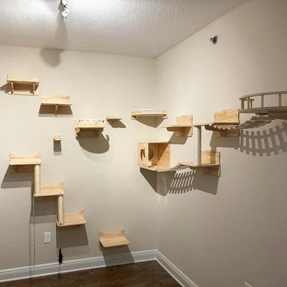 Wall Mounted Cat Climbing Shelves, Wood Bridge and Hammock Set