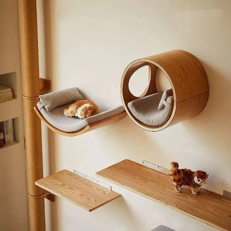 Wooden Wall-Mounted Cat Climbing Shelves with Sisal Scratcher