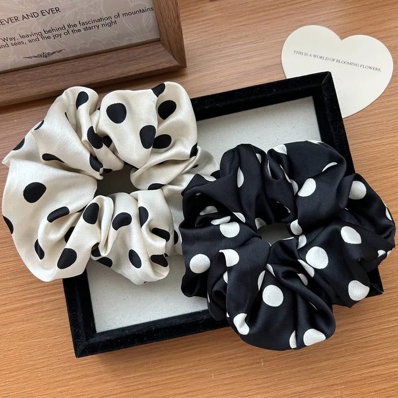 Polka Dot Satin Scrunchies for Women — Soft Silky Elastic Hair Ties for Summer