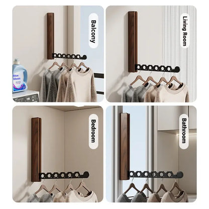 Walnut-Tone Folding Wall Drying Rack, Fold-Flat Hanger Arm