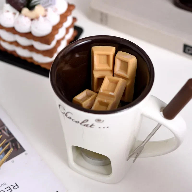 Ceramic Melting Mug with Fork & Tea Light, 130ml Fondue Cup