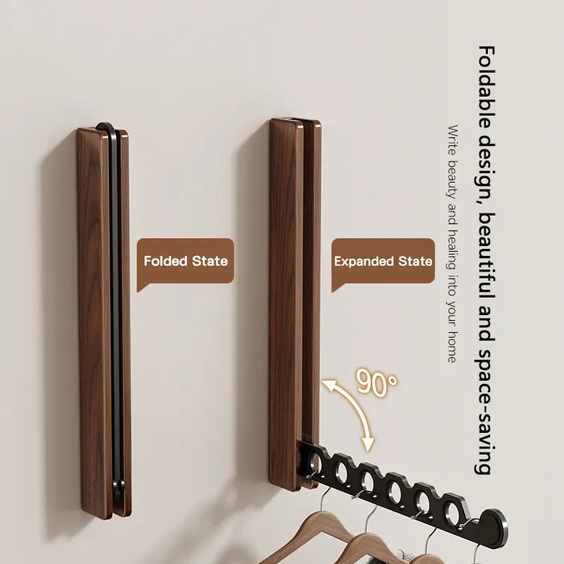 Walnut-Tone Folding Wall Drying Rack, Fold-Flat Hanger Arm