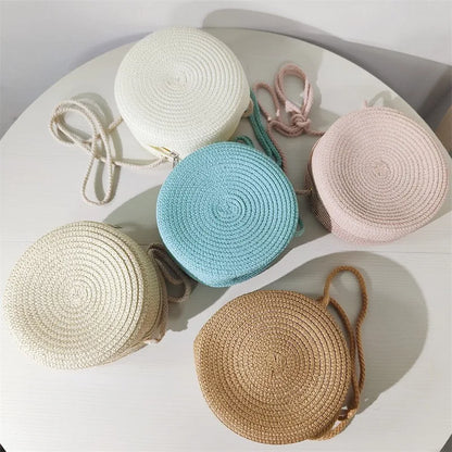 Minimalist Round Straw Crossbody Purse — Woven Shoulder Handbag for Women