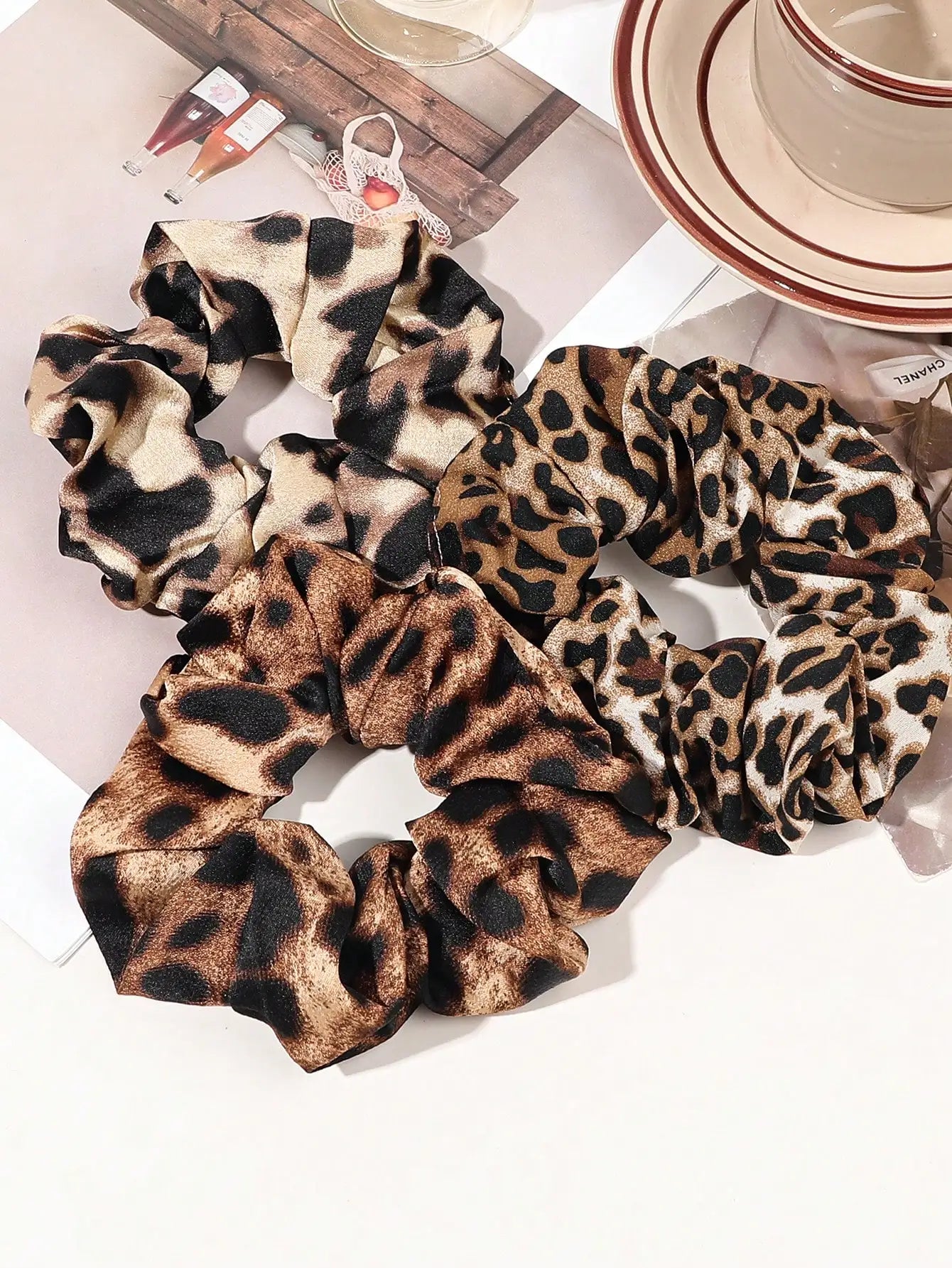 Leopard Velvet & Satin Scrunchies Set — Soft Hair Ties for Women, Multi-Pack