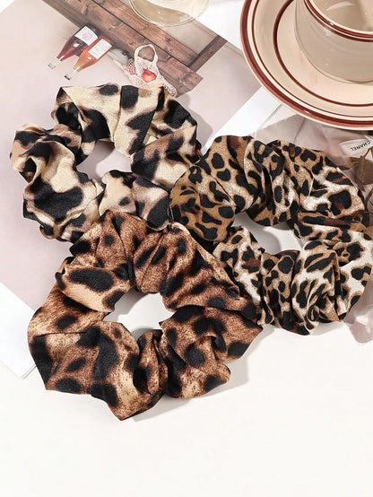 Leopard Velvet & Satin Scrunchies Set — Soft Hair Ties for Women, Multi-Pack
