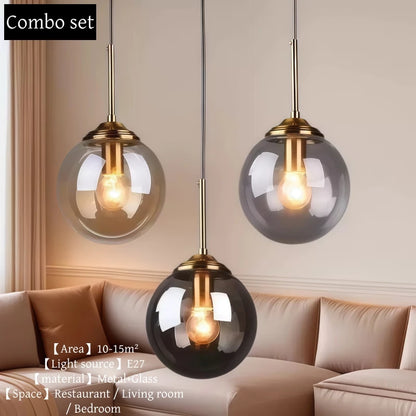 Modern Glass Globe Pendant Light with Brass Accents
