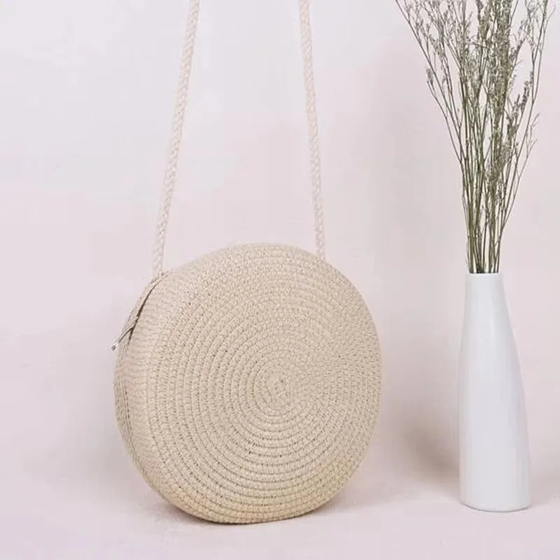 Minimalist Round Straw Crossbody Purse — Woven Shoulder Handbag for Women