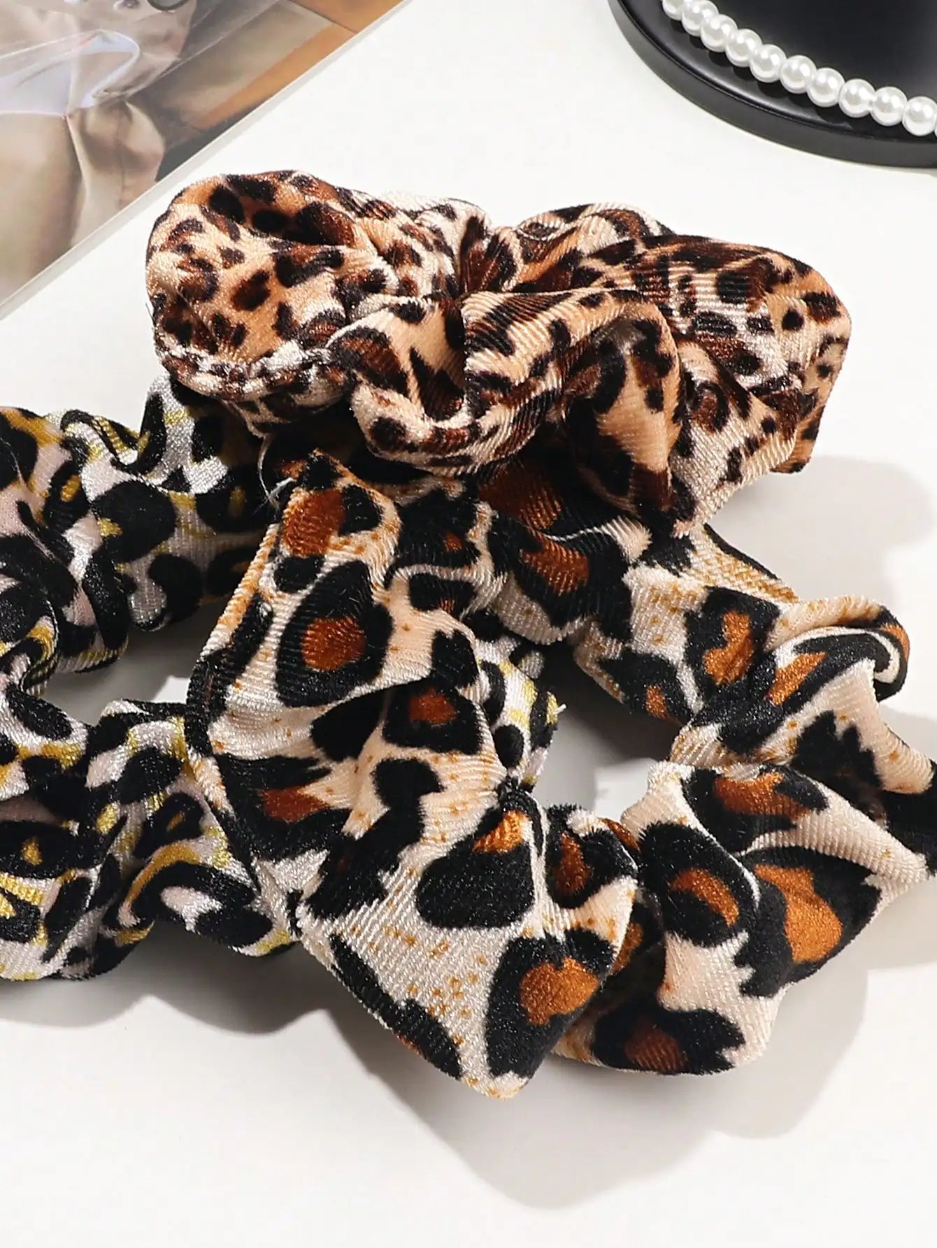 Leopard Velvet & Satin Scrunchies Set — Soft Hair Ties for Women, Multi-Pack