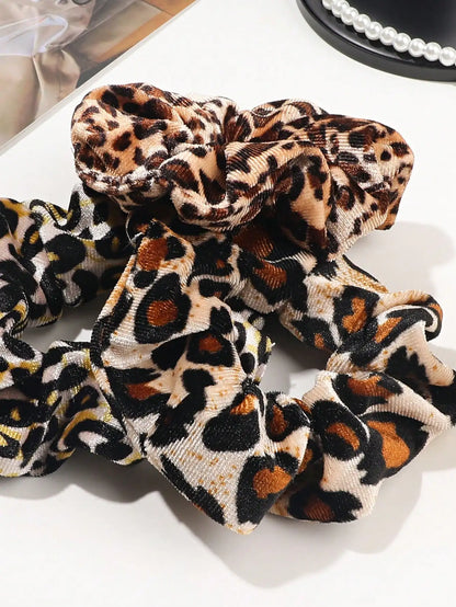 Leopard Velvet & Satin Scrunchies Set — Soft Hair Ties for Women, Multi-Pack