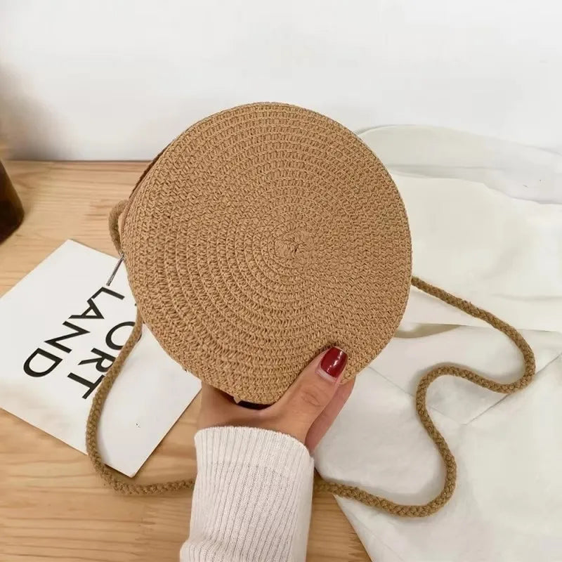 Minimalist Round Straw Crossbody Purse — Woven Shoulder Handbag for Women