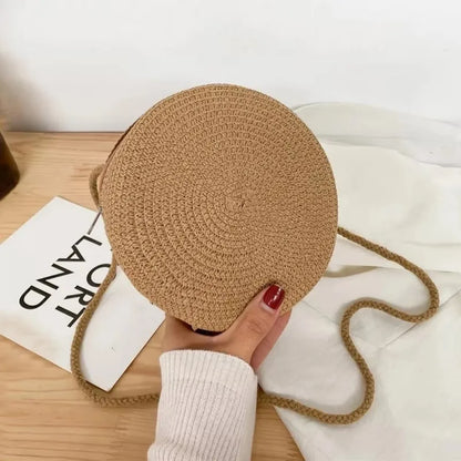 Minimalist Round Straw Crossbody Purse — Woven Shoulder Handbag for Women