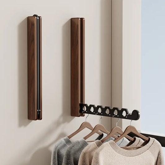 Walnut-Tone Folding Wall Drying Rack, Fold-Flat Hanger Arm