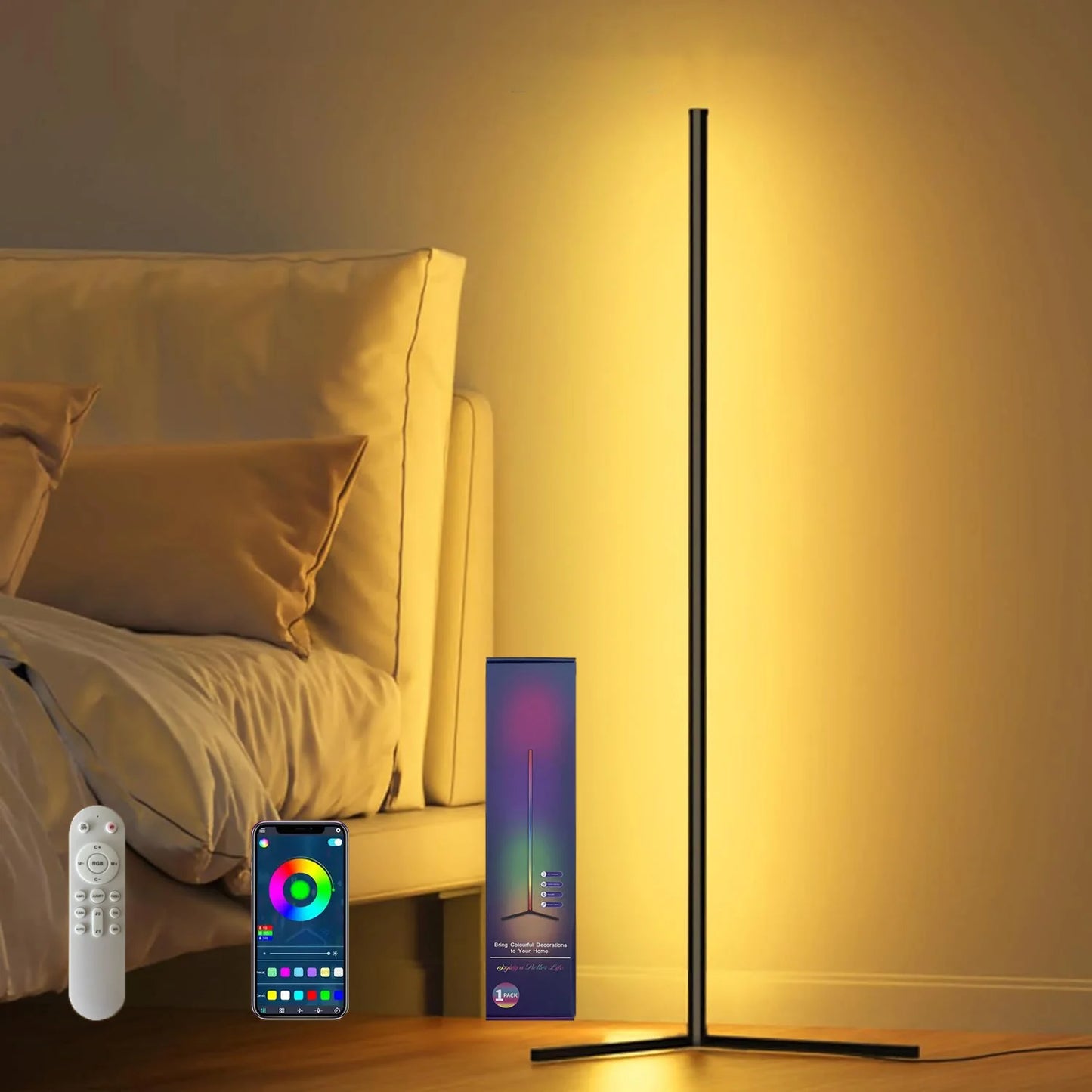 Smart RGB LED Corner Floor Lamp with Remote and App Control