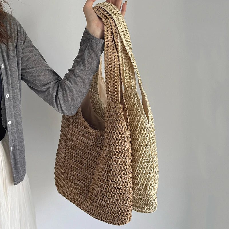 Large Woven Rattan Shoulder Bag — Roomy Straw Summer Handbag for Women
