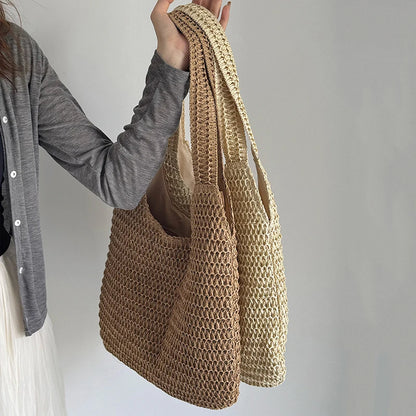 Large Woven Rattan Shoulder Bag — Roomy Straw Summer Handbag for Women