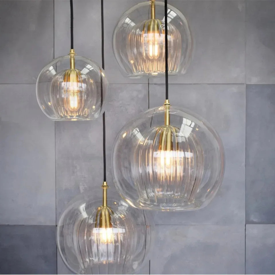 Nordic Ribbed Glass Pendant Light - Hand-Blown Style Amber Globe
