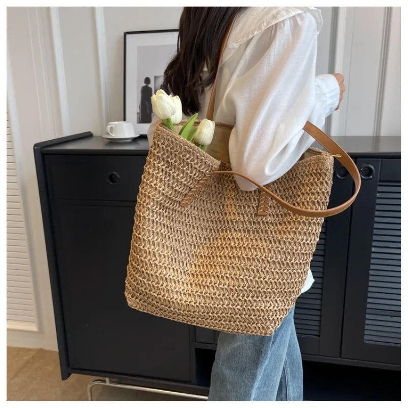 Hand-Woven Boho Straw Beach Tote — Summer Shoulder Handbag for Women