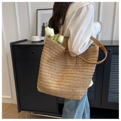 Hand-Woven Boho Straw Beach Tote — Summer Shoulder Handbag for Women