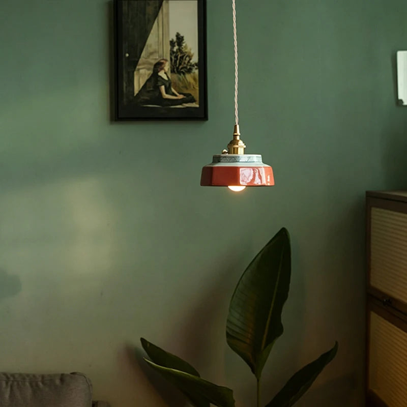 Retro Ceramic Pendant Light with Hand-Painted Trim