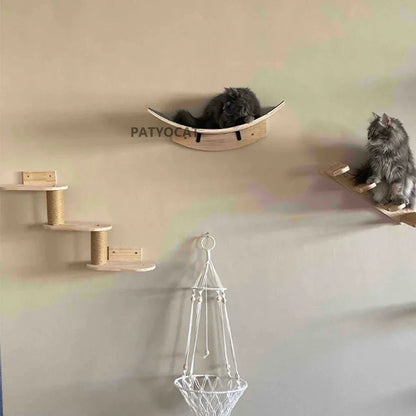 Wall Mounted Cat Climbing Shelves, Wood Bridge and Hammock Set