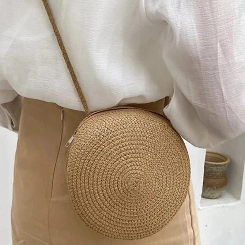 Round Woven Straw Travel Bag — Handmade Rattan Shoulder Bag for Women