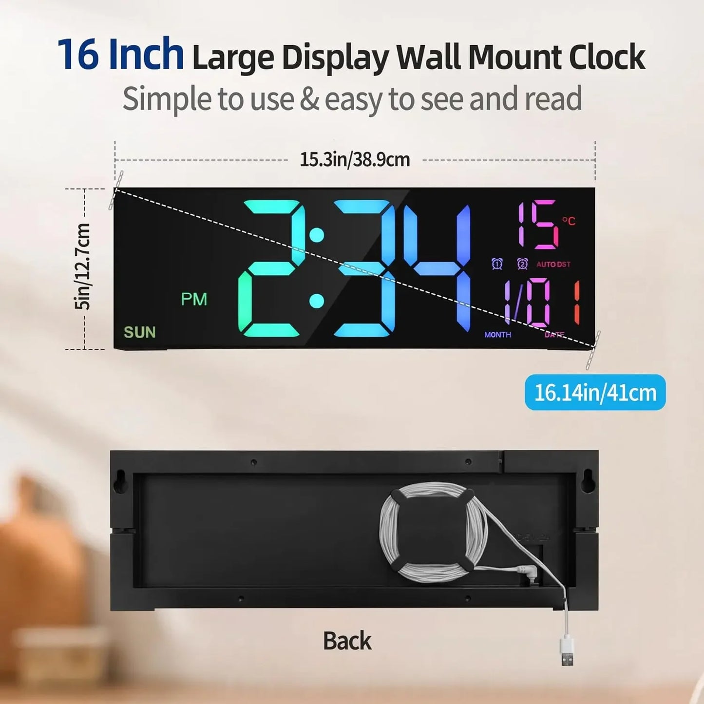 Large Digital Wall Clock With Remote and Color LED Display