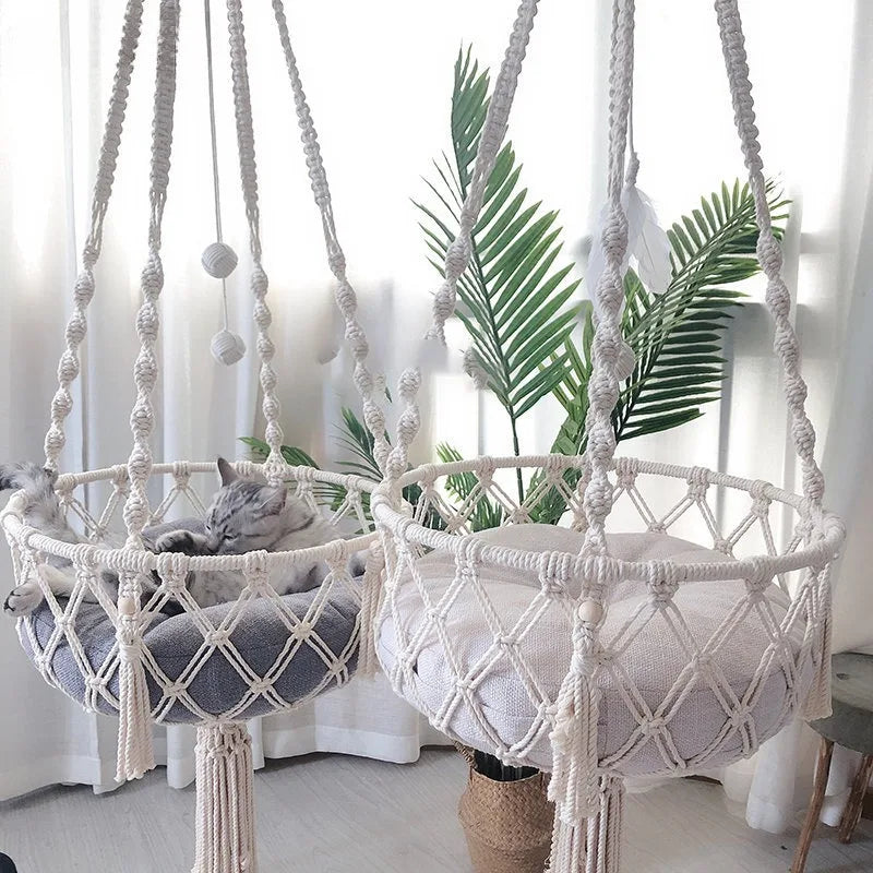 Hand-Woven Hanging Cat Hammock Cotton Rope Macrame Bed