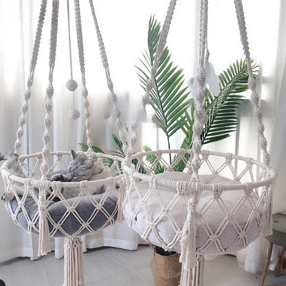 Hand-Woven Hanging Cat Hammock Cotton Rope Macrame Bed