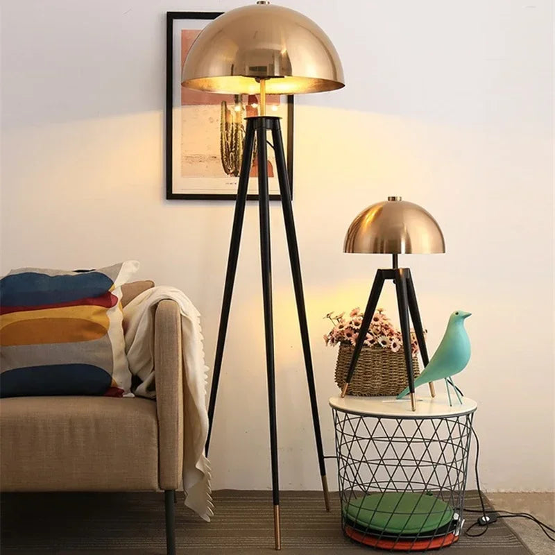 Mid Century Brass Dome Tripod Floor Lamp for Living Room Bedroom