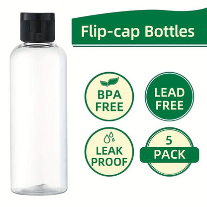 Refillable Travel Bottles with Flip Caps — 5-Pack Clear Squeeze Bottles for Toiletries