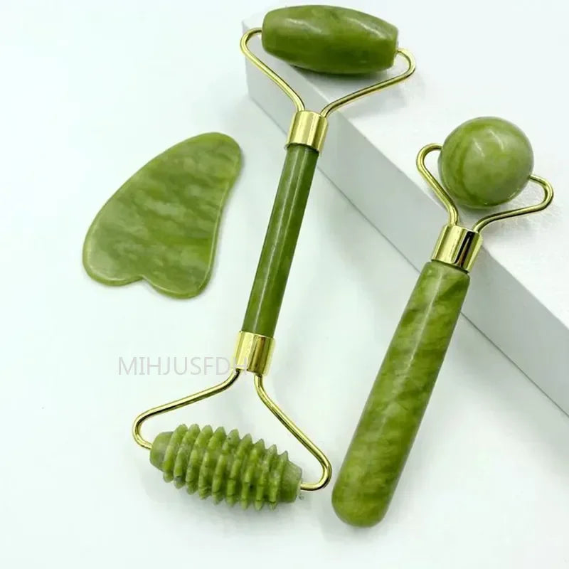 Natural Jade Facial Roller and Gua Sha Massage Set