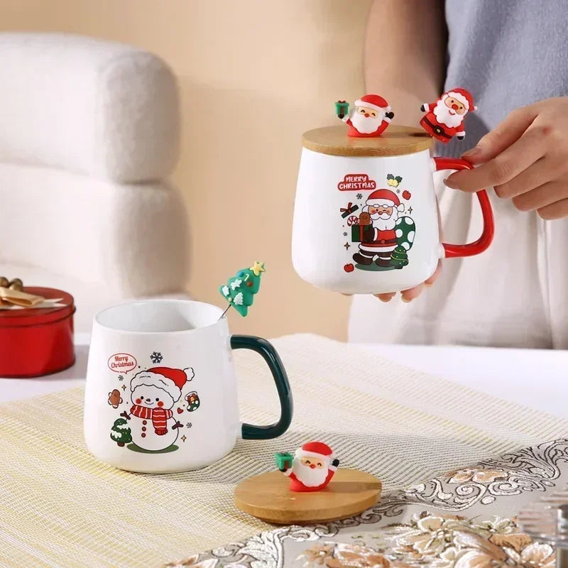 Christmas Ceramic Mug With Lid and Spoon, Holiday Gift Cup