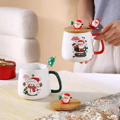 Christmas Ceramic Mug With Lid and Spoon, Holiday Gift Cup